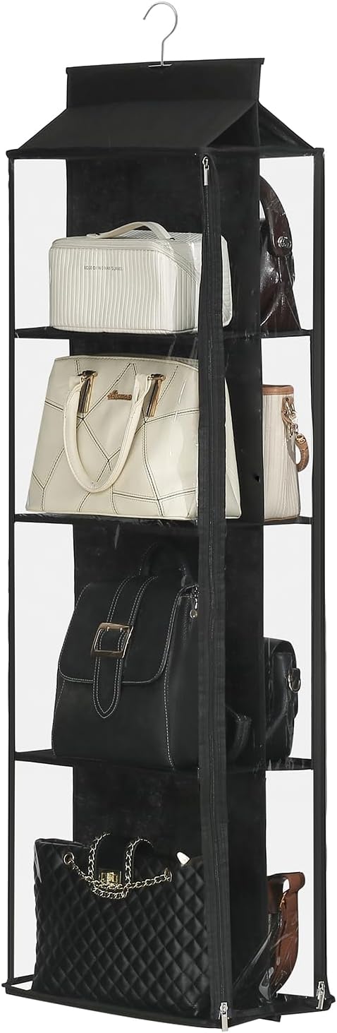 8 Grids in 1 Pack Hanging Purse Handbag Organizer with Double Zippers, Visible Purse Organizer for Closet, Fully Enclosed Purse Storage Holder-Black