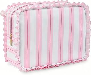 VelvetGlow Striped Ruffle Makeup Bag, Large Travel Cute Cosmetic Bag for Women Girls, Toiletry Bag Makeup Organizer 30x12x23cm (Pink Stripe)