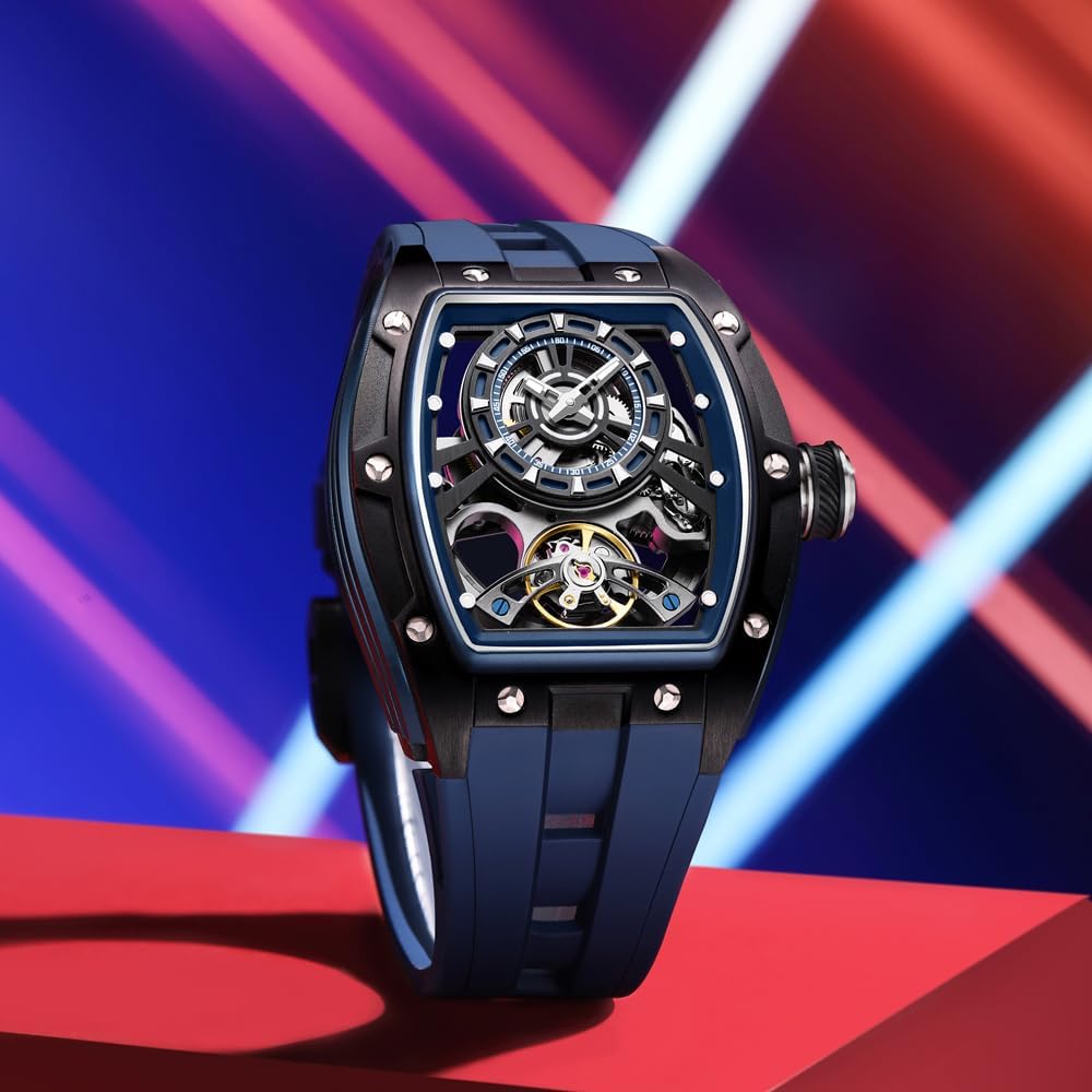 Free Focus Unique Men Watches,Automatic Mechanical Watch,Luxury Skeleton Tonneau Watches for Men with Stainless Steel Case and Silicon Band (Rubies Movement/5ATM Waterproof/Super_Luminous)