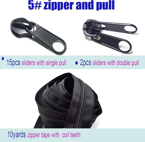 #5 Zipper by The Yard with Pulls and Stoppers/46pcs Zippers Pull for Slider/Head Repacement/Repair 20 Yards Nylon Coil Continuous Zip Roll White and Black for Jacket or Upholstery Repair Sewing kit