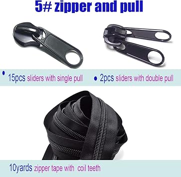 #5 Zipper by The Yard with Pulls and Stoppers/46pcs Zippers Pull for Slider/Head Repacement/Repair 20 Yards Nylon Coil Continuous Zip Roll White and Black for Jacket or Upholstery Repair Sewing kit