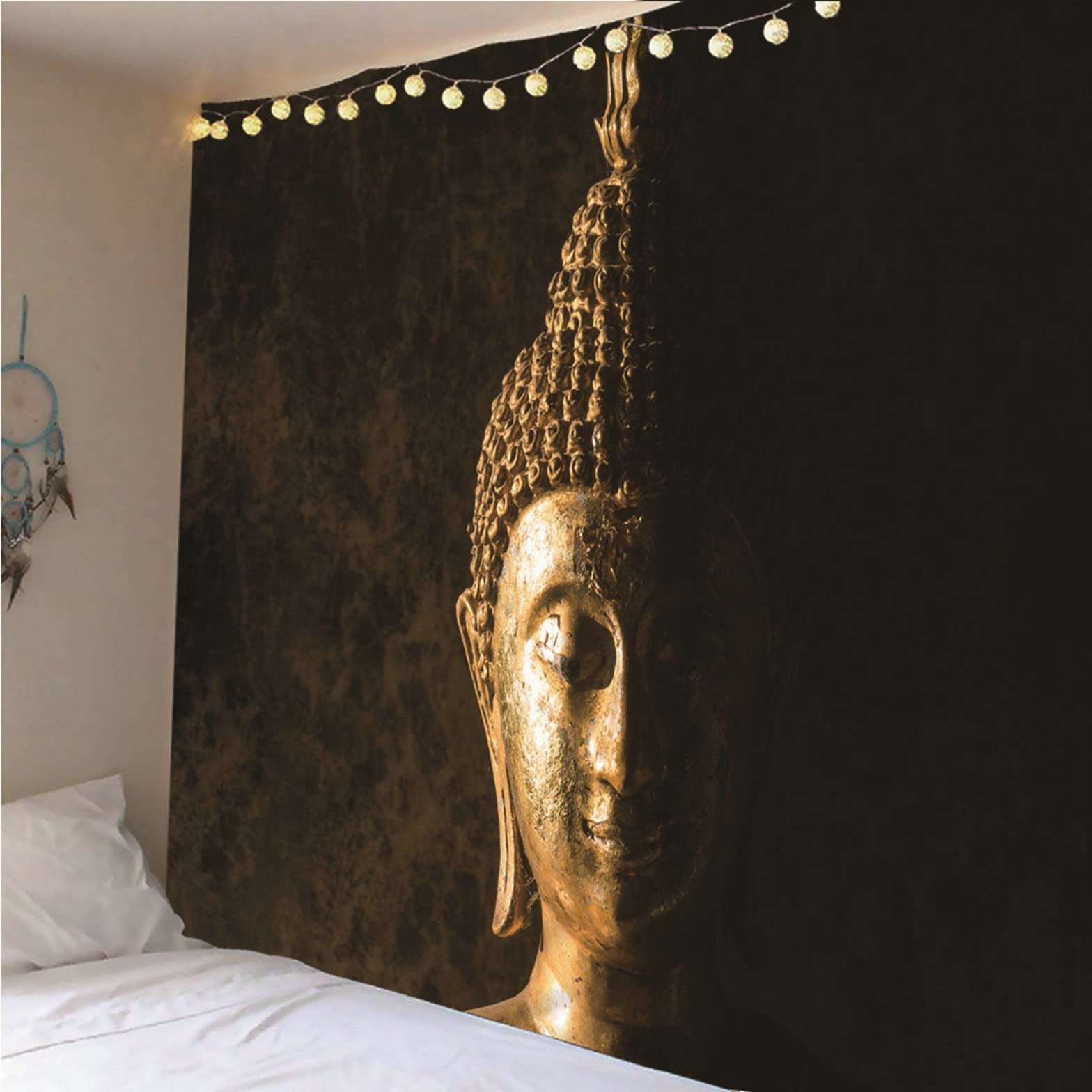 Isdreem Arazzo da Parete Arte Telo Muro Cameretta Testa di Buddha Tema Buddista Letto Copriletto Invernale Nero Tessuto per Coperte Appendere Alla 200x150cm
