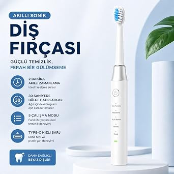 Akıllı Sonik Diş Fırçası 15000 Titreşim/Dk | 5 Modlu Şarjlı Elektrikli Diş Fırçası | Type-C Hızlı Şarj | IPX7 Su Geçirmez | 2 Dakika Zamanlayıcı | 3 Başlıklı Diş Fırçası Seti