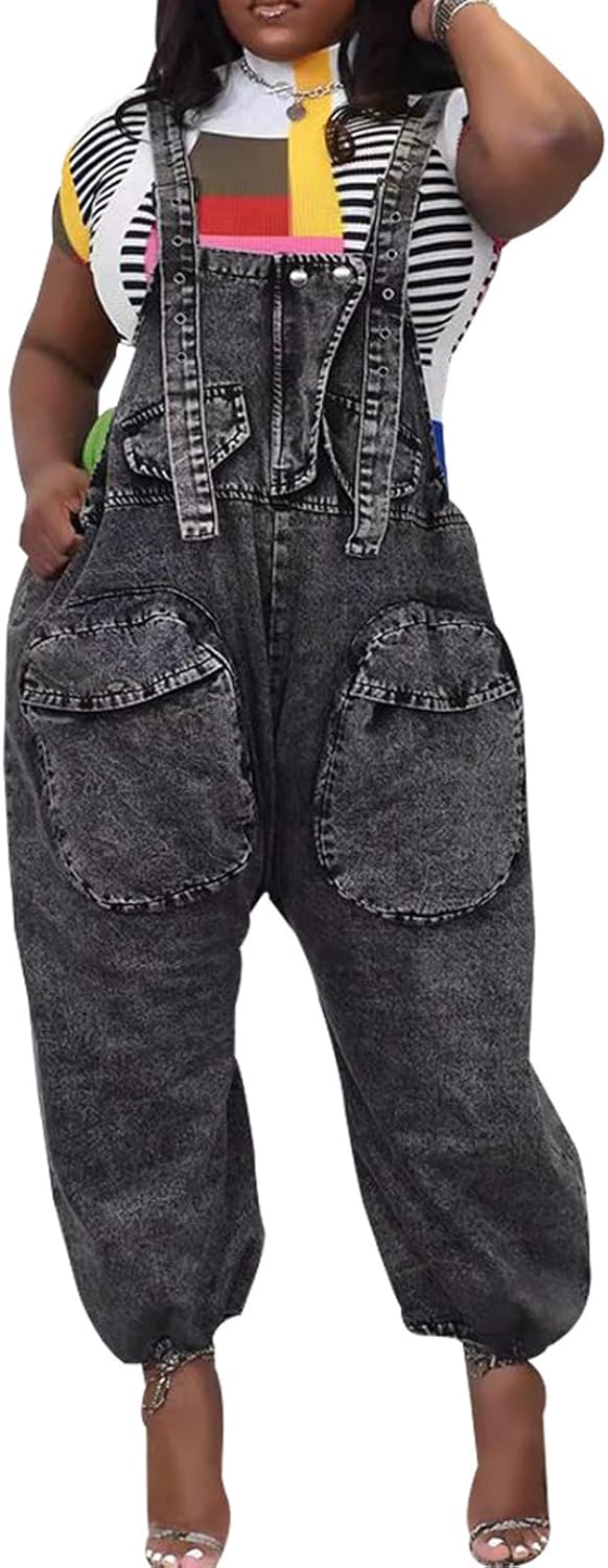 Lachmose Womens Overalls Denim Loose Fit Wide Leg Bib Baggy Jeans Jumpsuit Comfy