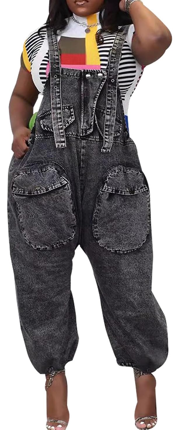 Lachmose Women Long Casual Loose Bib Pants Overalls Baggy Rompers Jumpsuits with Pockets Denim Loose Back Jeans by Lachmose - Used condition - US$20.62