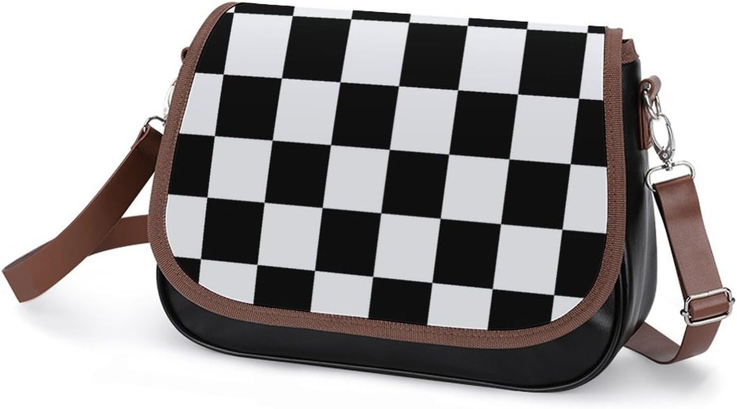 Black And White Checkered_61380266Women's Faux Leather Crossbody Bag, Waterproof Wrinkle-Resistant Shoulder Bag with Detachable Strap, Large Capacity Casual Handbag, Fashion Daily Purse for Shopping W