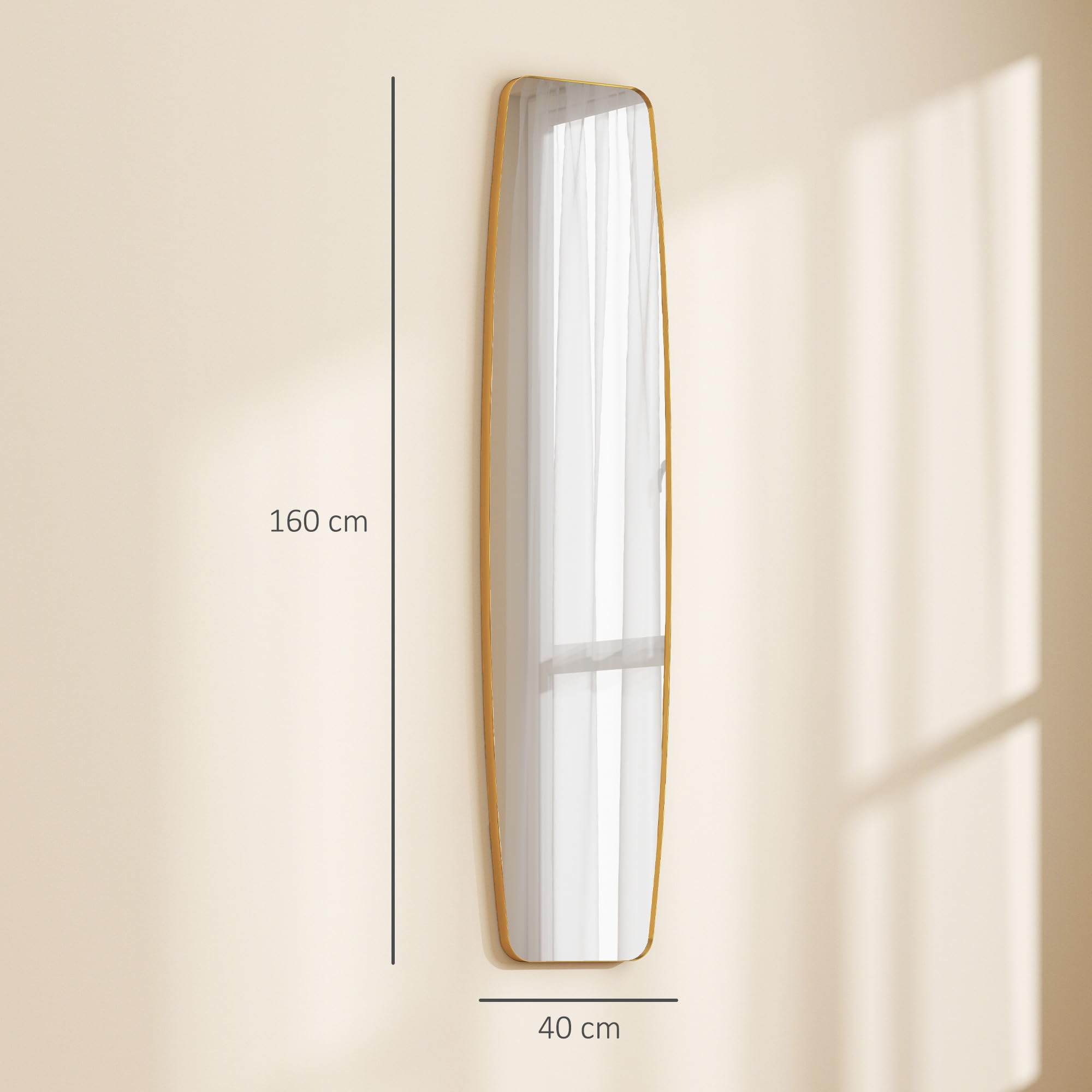 HOMCOM Grand Miroir Mural Ovale 160 x 40 cm, Miroir Suspendu Moderne, Cadre en métal et Bois, prêt à accrocher, pour Chambre, Salon, Dressing, entrée, doré