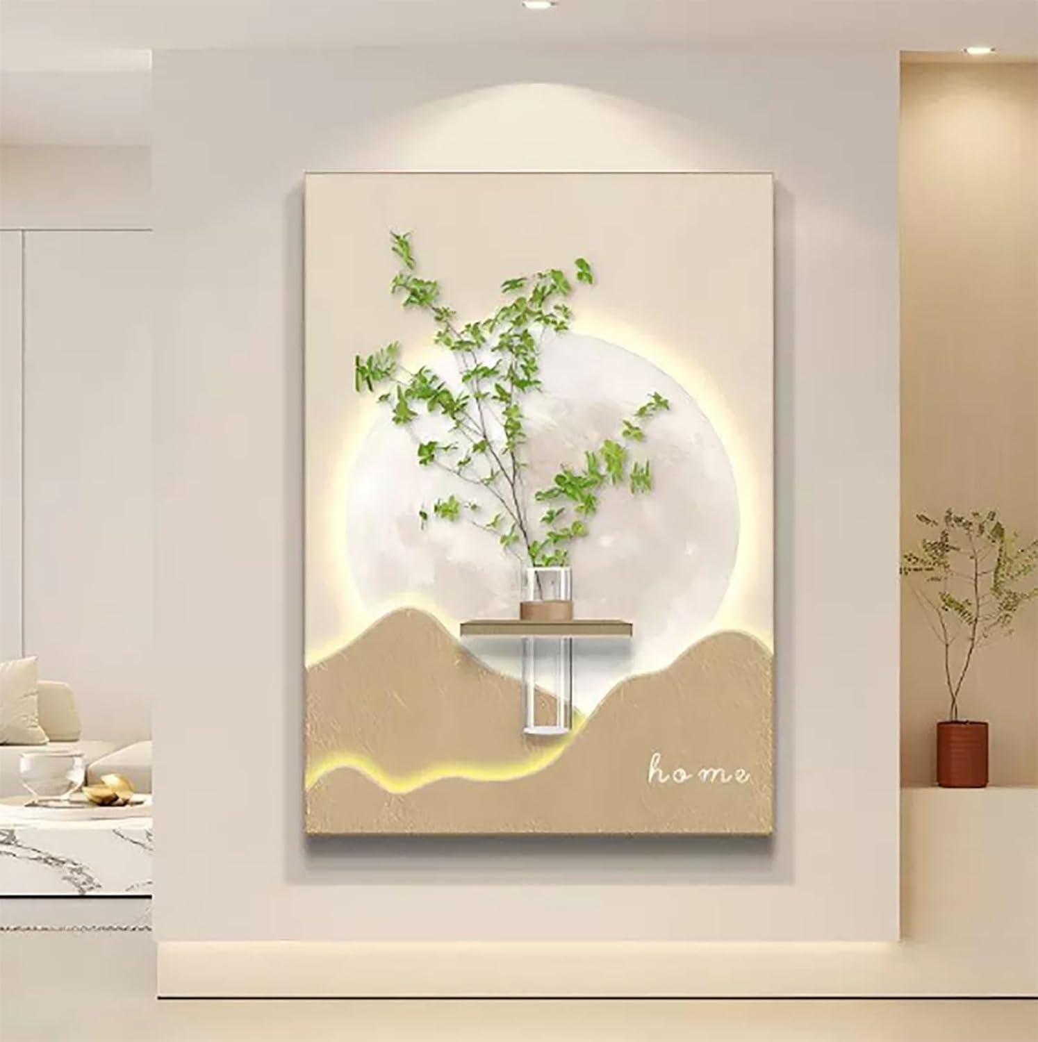 Luminous 3D Wall Sculpture, Simulated Green Plant Decoration Painting, Plug-in Power Supply 3D Wall Mural, Sandstone Decor Wall Art Painting for Bedroom, Living Room(B,51.1 * 35.4in)