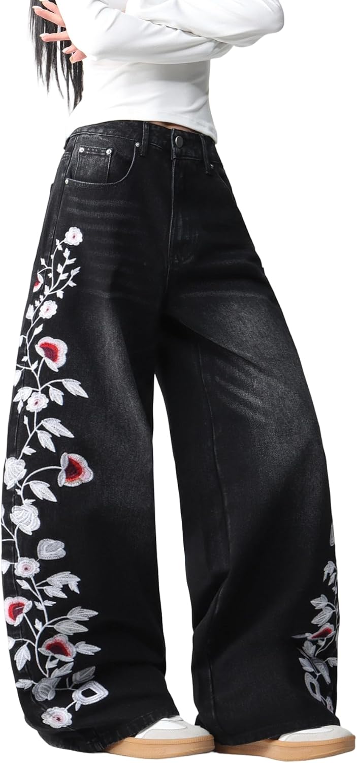 Women's Wide Leg Baggy Jeans Embroidered Stylish Denim Pants Hip Hop Relaxed Y2k Oversized Skater Trousers Streetwear