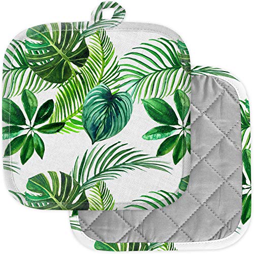 [Pack Of 2] Pot Holders For Kitchen, Washable Heat Resistant Pot Holders, Hot Pads, Trivet For Cooking And Baking ( Green Tropical Palm ) #TOP11