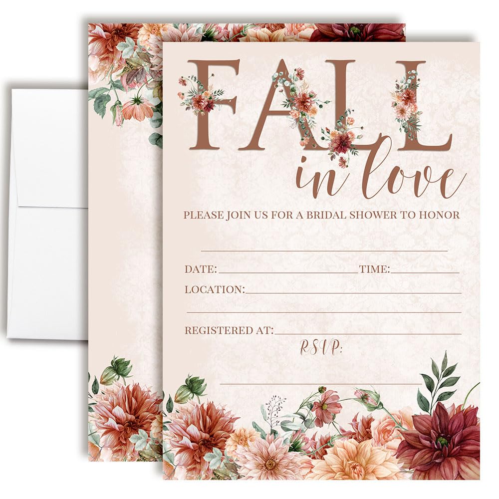 Fall in Love Bridal Shower Invitations - 20 Boho Autumn Fill In 5x7 Cards with White Envelopes - Rustic Floral Wedding Shower Invites by