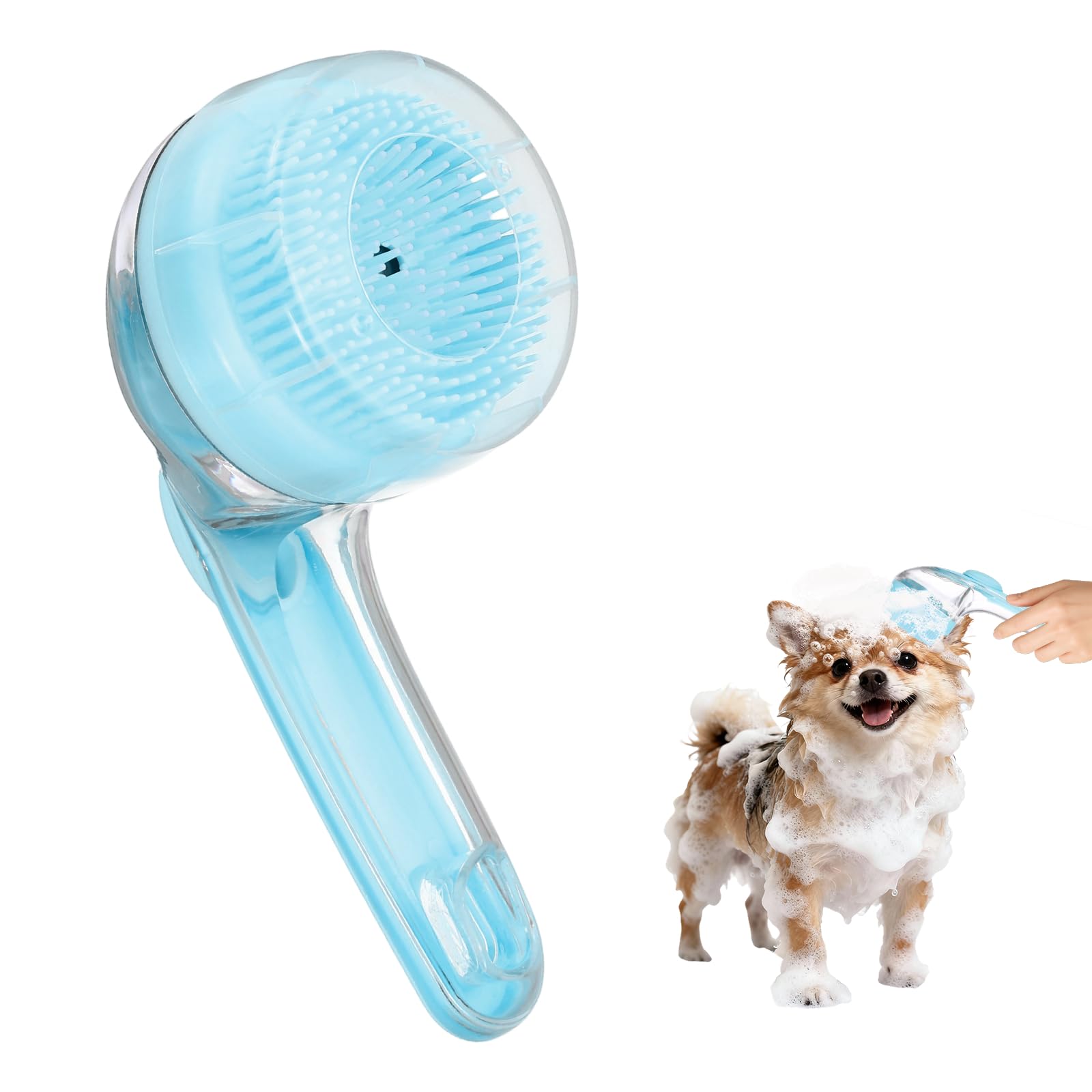Haustier-Badebürste, Hunde-Shampoo-Bürste, 2-in-1-Pflege-Massage, Schrubber, Seifenblasen-Maker mit Ring, integrierter Shampoo-Spender (feine Borsten, blau), für langes kurzes Haar