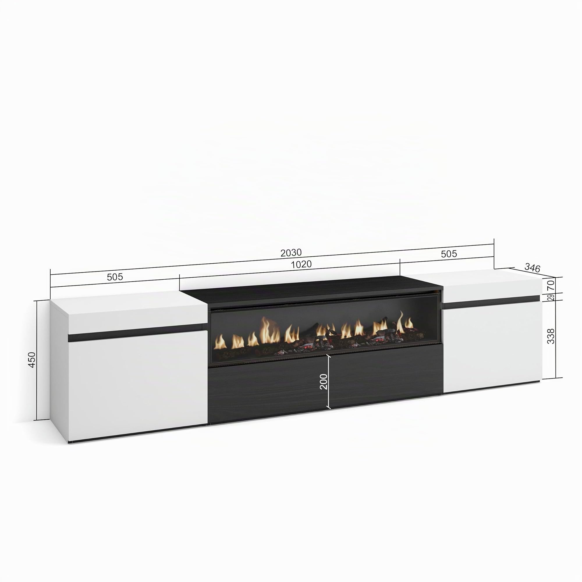 Skraut Home | Mobile TV Soggiorno | Ampio spazio a disposizione | 200x45x35cm | Per TV fino a 80" | Camino elettrico | Stile moderno | Bianco e nero