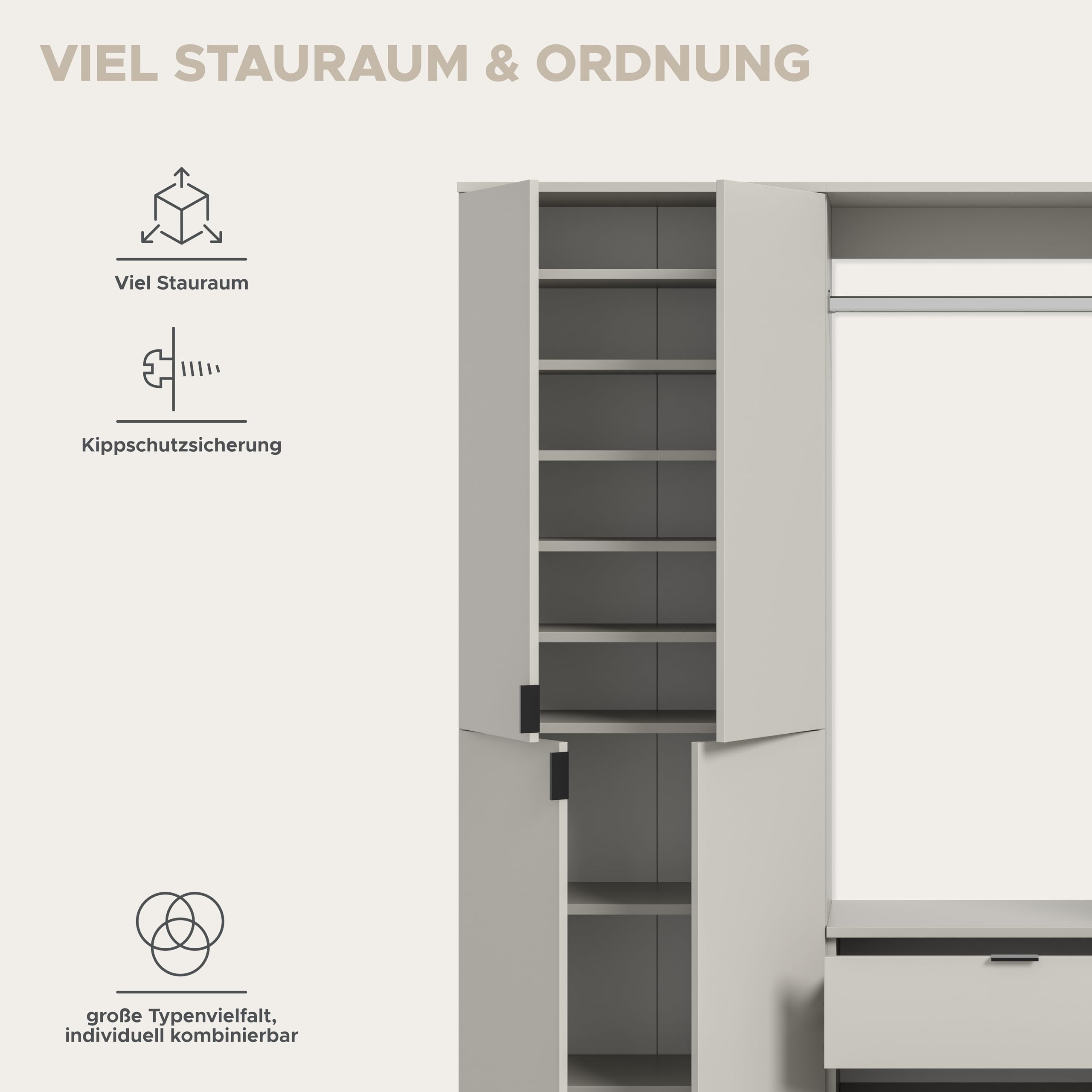 xonox.home – 3 TLG. Garderobenkombination Projekt X 212x193x34 cm in Kaschmir Melamin – Set mit breitem Hochschrank, breiter Kommode & Wandboard – Großzügige Schrankkombination für die ganze Familie