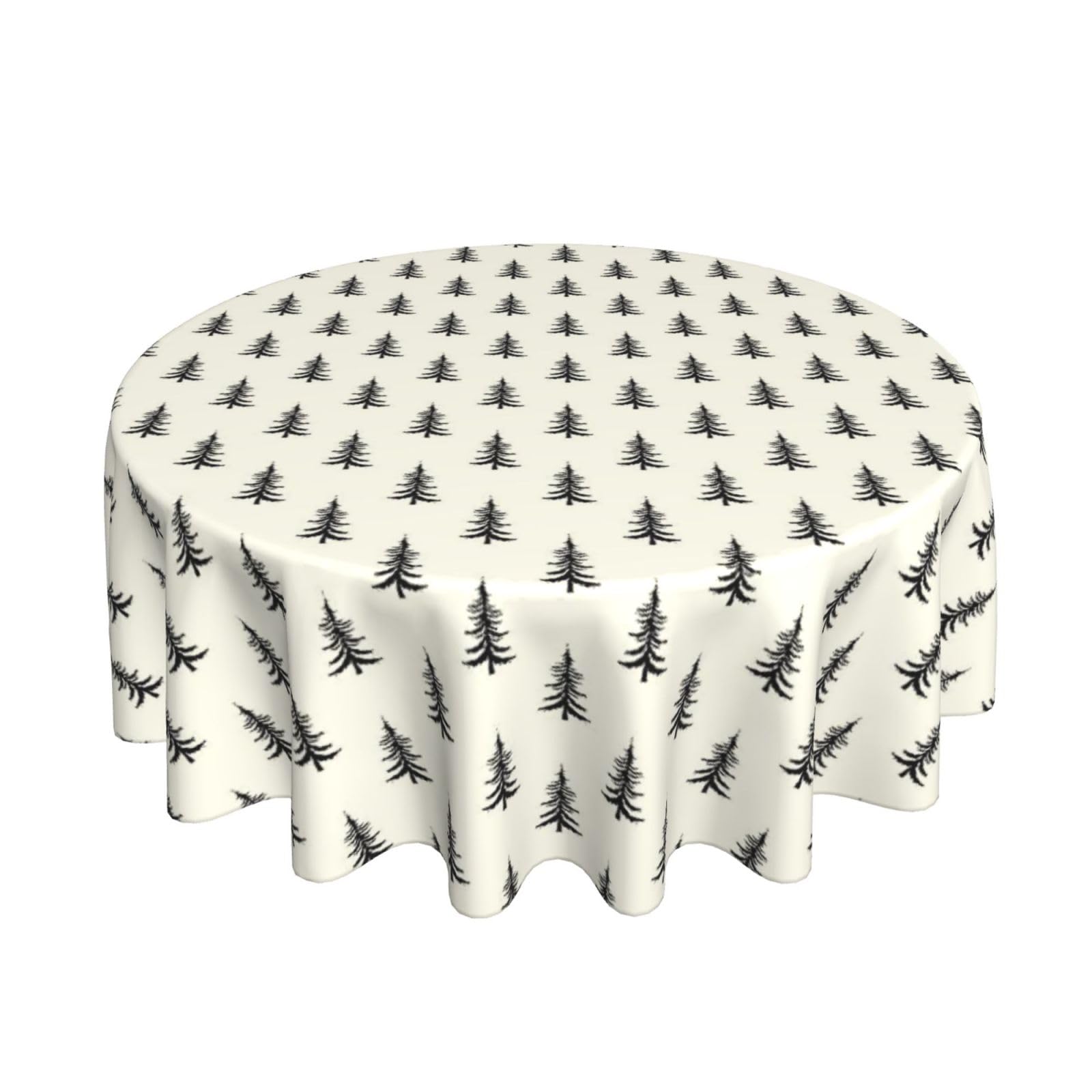 BYONEESS Christmas Tablecloth 60 Inch Round Cream Black Christmas Tree Rustic Winter Xmas Table Cover for Picnic Party Holiday Home Kitchen Outdoor Decor — image 1