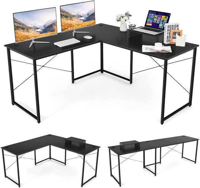 COSTWAY L-Shaped Computer Desk, 240cm Reversible Double Study Writing Workstation for 2 Person, Large Long Corner Home Office Desk Wooden PC Laptop Gaming Table with Monitor Stand (Black)
