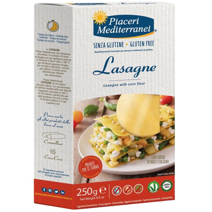 Piaceri Mediterranei Lasaña de Maíz Sin Gluten Pack 2x250g Placas Veganas Pasta para Lasaña 100% Maíz Textura Firme Apta para Celíacos
