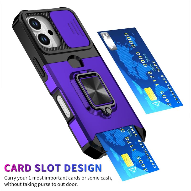 Image of LuxuryKase Shockproof Armor Case for iPhone 17 | Slide Camera Cover | Hidden Card Slot | Rotating Ring Kickstand | Magnetic Car Mount Support | Military Grade Protection - Purple