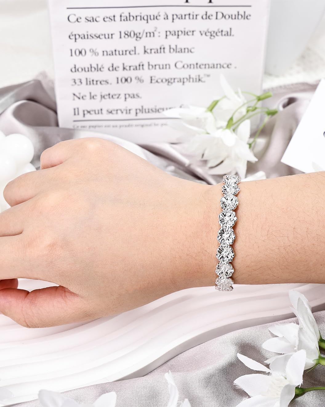 Modern Silver Bangle Bracelet with Irregular Textured Design and CZ Stones, Polished Sterling Silver Plated Bangles for Women — Adjustable Bangle Bracelet - Image 2