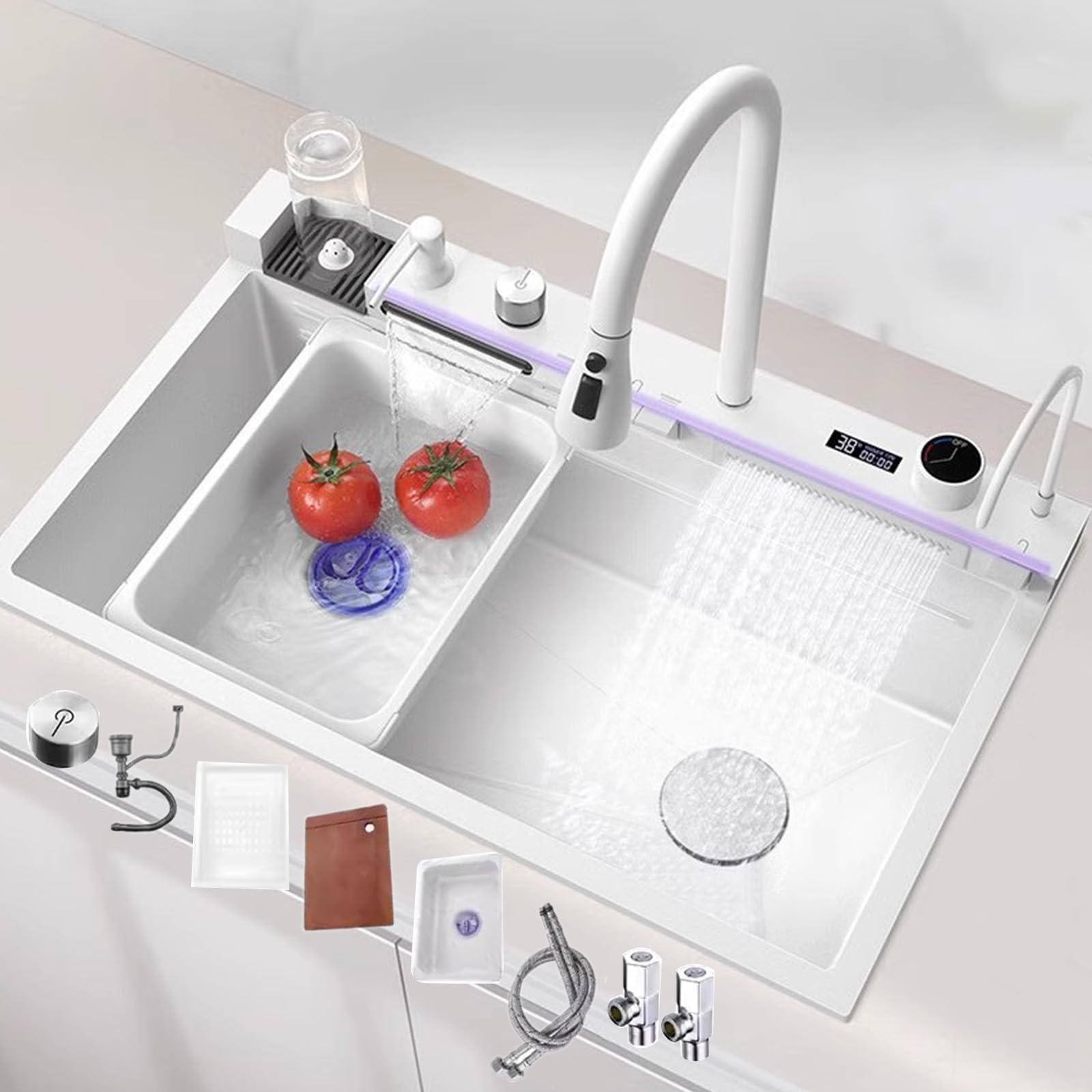 FCXWEVR Waterfall Faucet Kitchen Sink 304 Stainless Steel Single Bowl with Gold Black White Finish Multi Function Sink with Complete Accessories (White B 75x46x22cm)