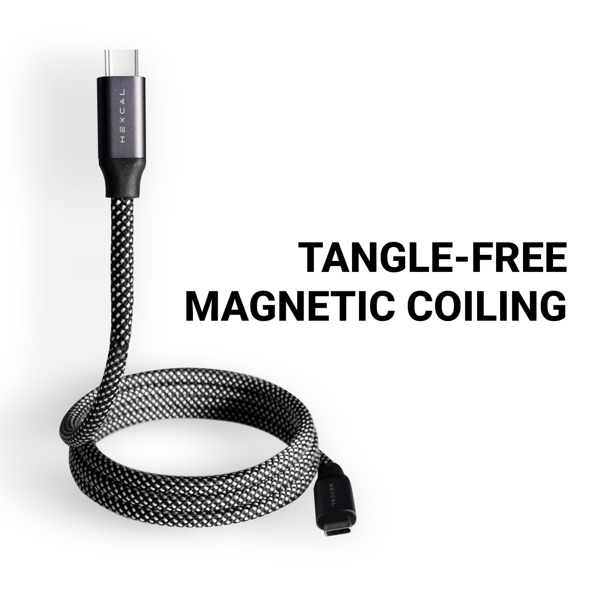 HEXCAL Cable de carga magnético, cargador de 240 W USB-C a USB-C autoenrollable, transferencia de datos de 480 Mbps sin enredos, cable trenzado de 1 m para MacBook Pro, iPhone 16/15, iPad y Galaxy