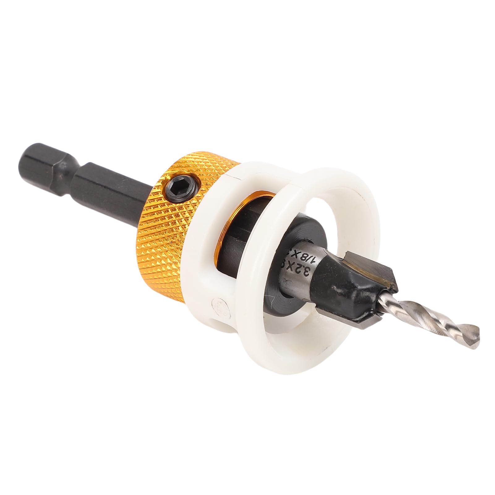 Juego de 8 brocas avellanadoras con tope de profundidad ajustable para tornillos de madera, incluye 5 brocas centrales y estuche de almacenamiento.