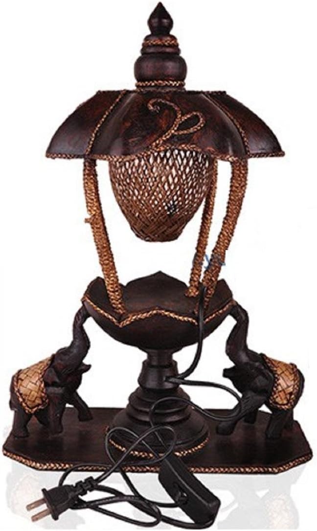 Wood Carving Art Lighting Art Lamps Teak Rattan Double Elephant Table Lamps