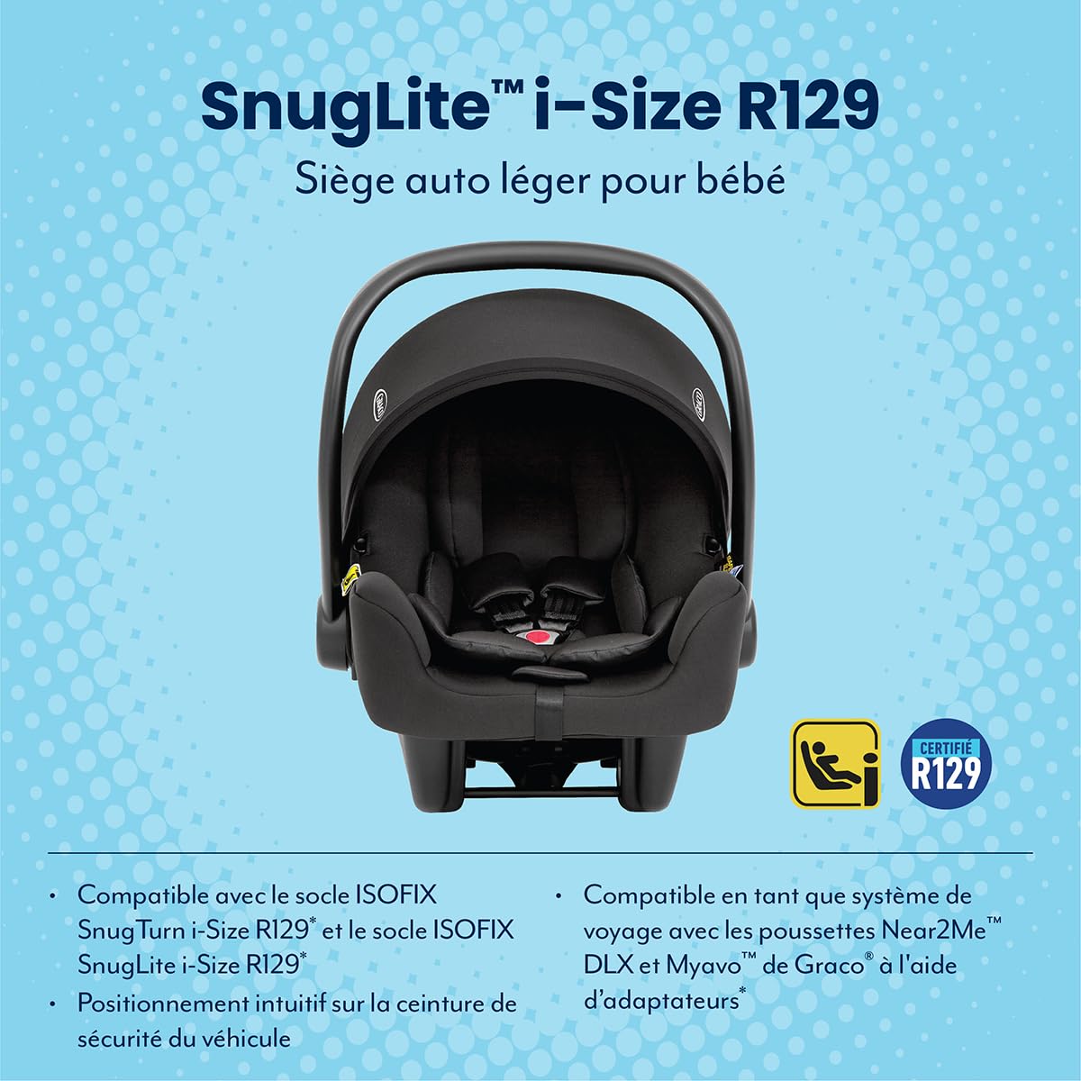 Graco SnugLite i-Size R129, siège auto léger pour bébé, 40 à 75 cm (de la naissance jusqu'à l'âge de 12 mois environ), léger, compatible avec la base pivotante SnugTurn i-Size R129, noir, Midnight