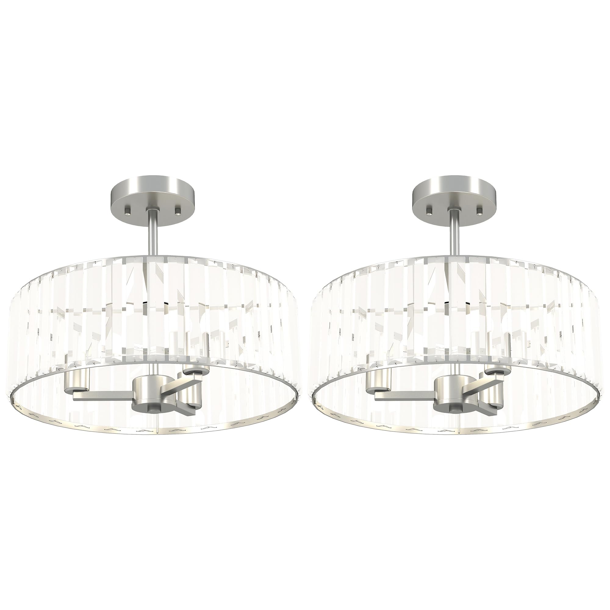 Homcom Silver Tone Crystal Ceiling Light Fixture Set Of 2, Semi Flush Mount Modern Chandelier For Living Room, Bedroom And Hallway, 3-Lights With E14 Base,
