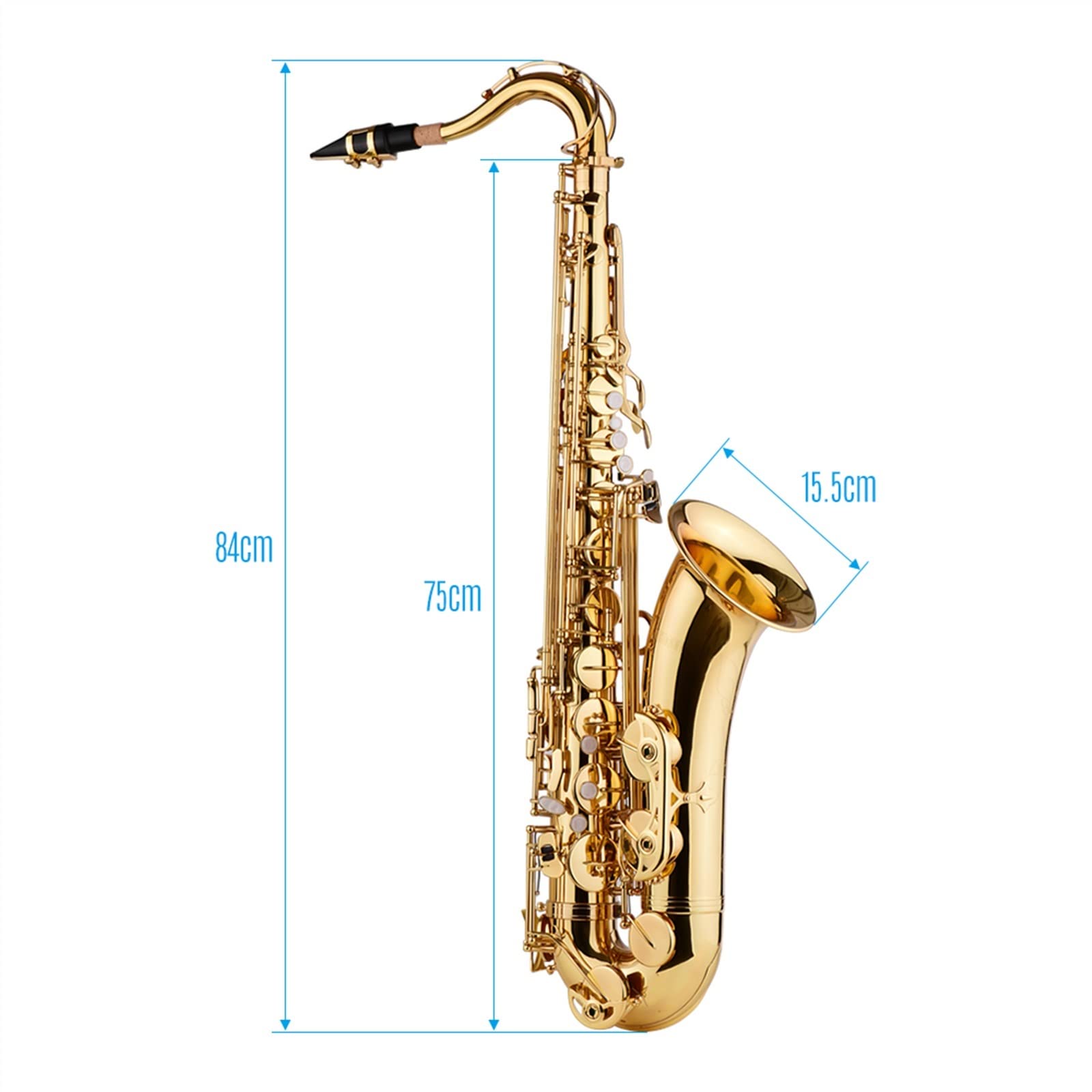 Strumento A Fiato SIB Sassofono Tenore Corpo in Ottone Oro con Custodia Guanti Sax Cinghie al Collo Sassofono principiante