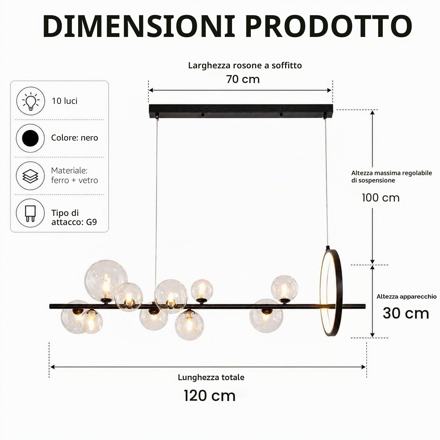 Moderne lampade a sospensione a sfera in vetro, 7/10 luci, lampadario a LED per sala da pranzo, regolabile, nero, industriale, per camera da letto, soggiorno, isola della cucina