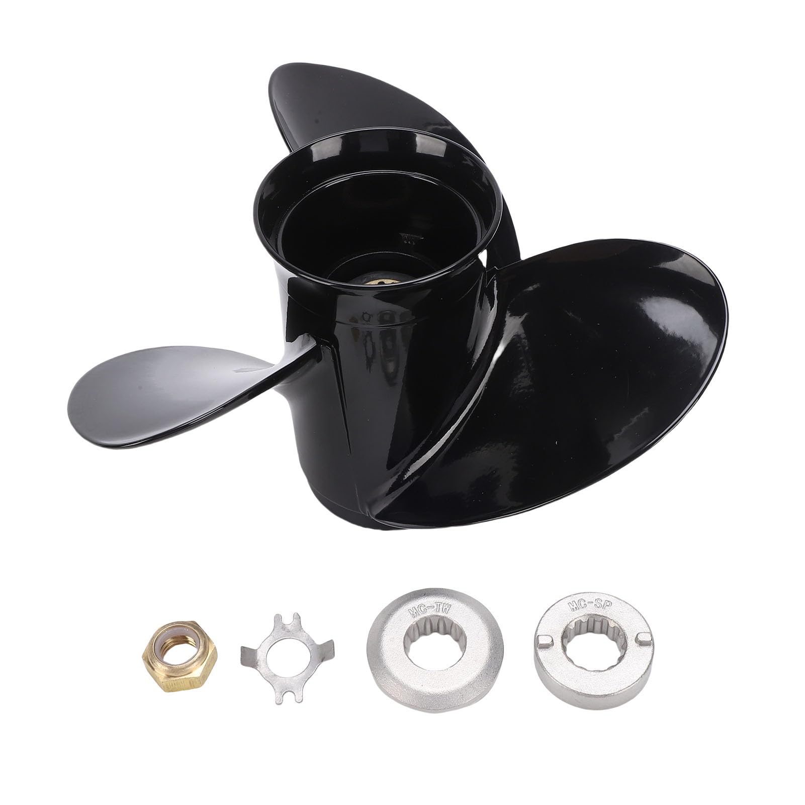 Fuoribordo 10 3/8 X 14 Ad Alta Resistenza Compatibile con Motori da 25-70, Leggera e Robusta, Design a 3 Pale per stabilità, Materiale in Metallo Nero
