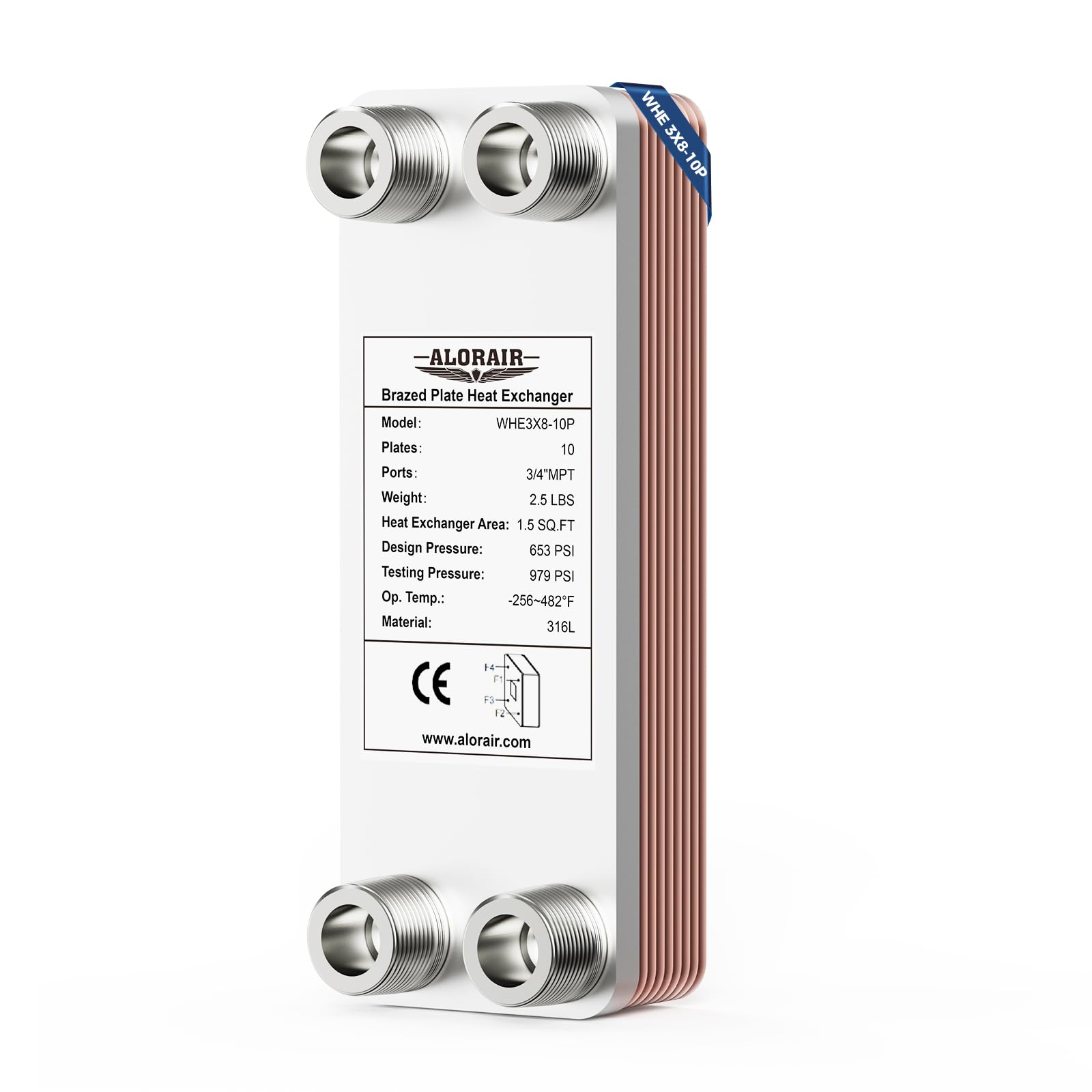 ALORAIR 3"x8" 10 Plates Heat Exchanger with 3/4" MPT Port,316L Stainless Steel Water to Water Brazed Plate Heat Exchanger for Floor Heating, Water Heating, Commercial and Industrial Refrigeration