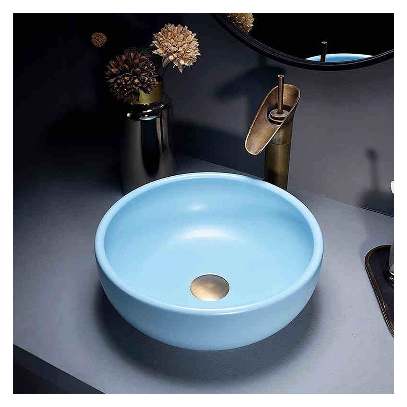 Waschbecken Aus Gehärtetem Glas – Blaue Aufsatzschale 34 Cm Mit Schwarzem Wasserhahn Set