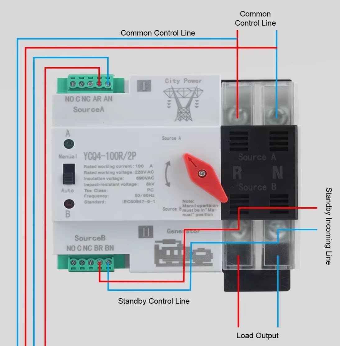 Interruptor de transferencia automática YCQ4-100R 2P monofásico Din Rail ATS 220V doble potencia interruptores selectores eléctricos de transferencia automática(100A)