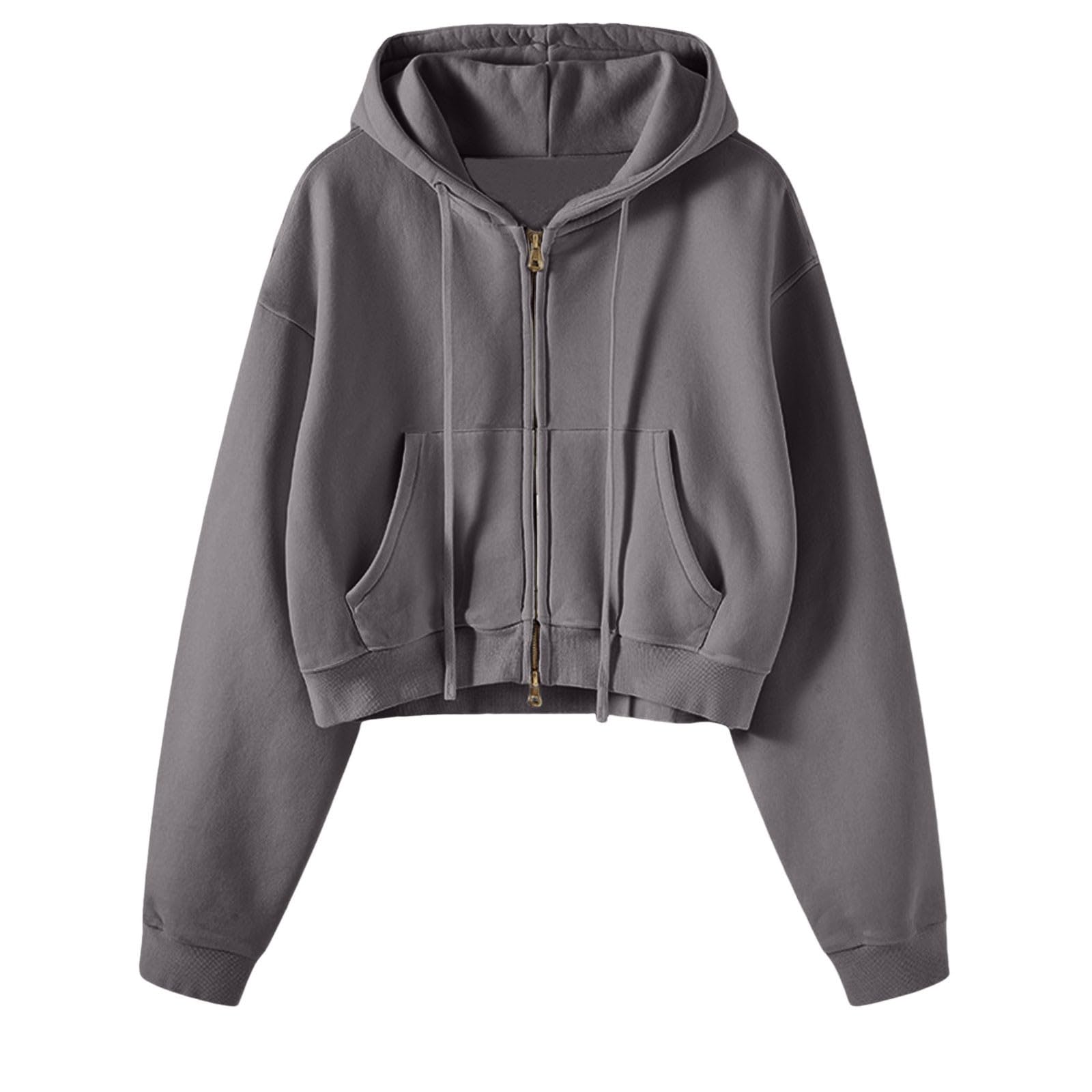 Generisch Sweat à capuche pour femme Crop Couleur unie Manches longues Pull de transition Loisirs Top Poche pratique Décontracté Couleur unie Pull à capuche Poches Haut