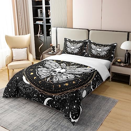 Homewish Death Moth Cotton Bedding Sets Single for Girls Boys Child,Boho Gothic Skull Duvet Cover,Golden Sun Moon Comforter Cover,Bohemian Style Galaxy 100% Cotton Set,Star Cloud Print Quilt Cover - Image 2