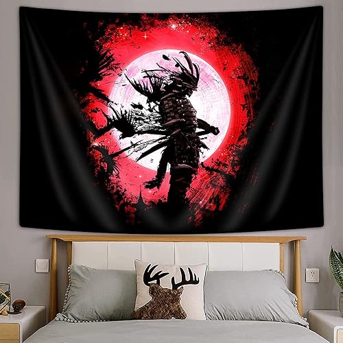Miniatura 8 de JAWO Tapiz de anime samurái, genial tapiz japonés negro y rojo para colgar en la pared para dormitorio de hombres, tapiz asiático chino rojo sol