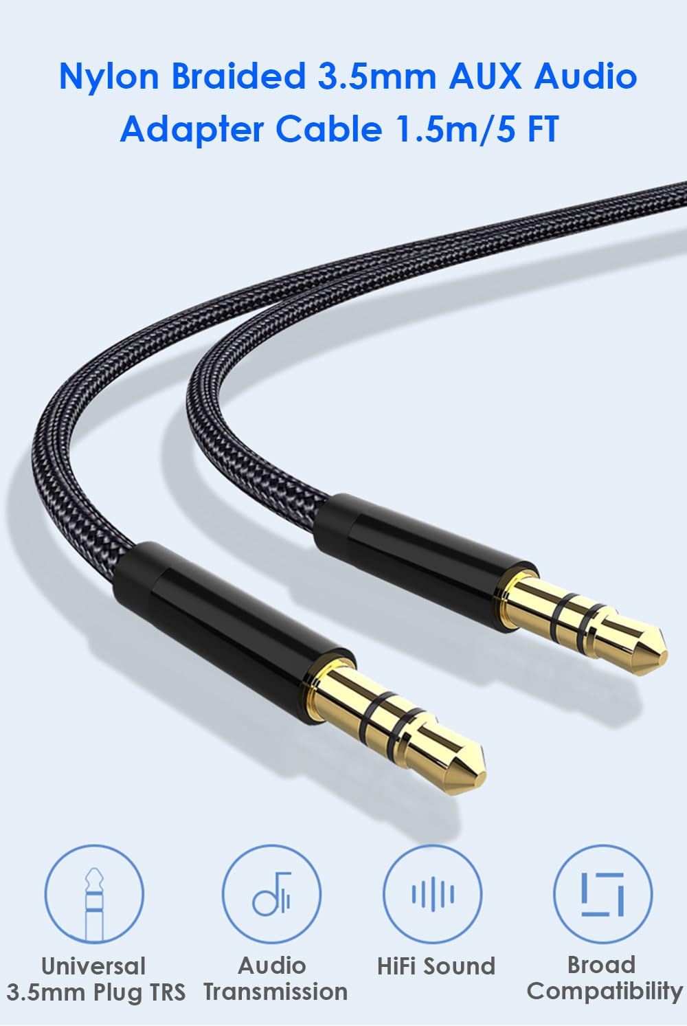 Highwings - Câble Audio Auxiliaire 3.5mm Mâle-Mâle 1.2m - Nylon Tressé - Pour Voiture, Enceintes Et Smartphones