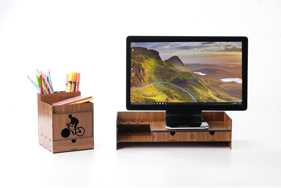 Ahşap Bisikletli Masaüstü Organizer Kalemlik Ve Monitör Yükseltici Set, mnt001
