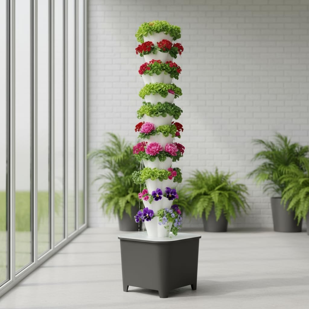 TIRUSSS Hydroponic Growing System Kit, Aeroponic Tower 50 Hole Garden Vertical Vegetable Planting System with Pump and Mobile Water Tank