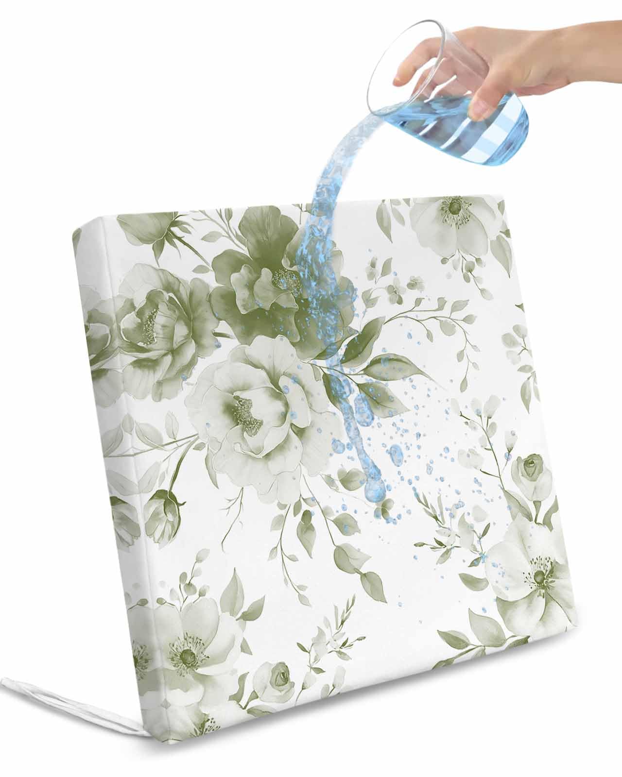 2 Pack Green Floral Art Waterproof Cushion Covers with Ties, Outdoor Patio Chaise Lounge Chair Seat Cushion Slip Covers Replacement(Only Cover) Watercolor Botanical Spring Flowers 24