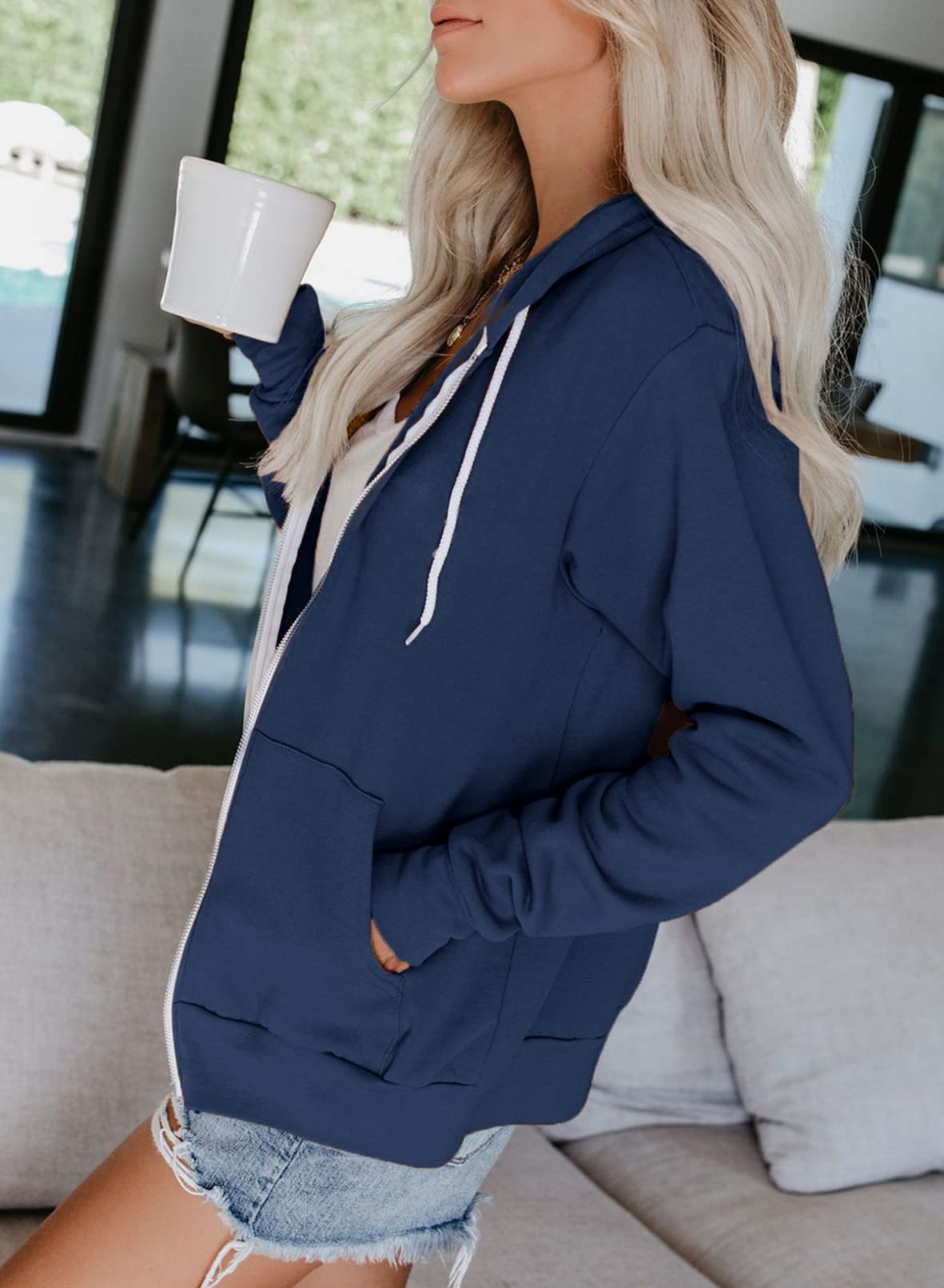 Uusollecy Sweats Capuche Femme Sweat Zippé Veste Casual Manches Longues Décontracté Sweat-Shirt avec Poches Couleur Unie Printemps, Automne et Hiver