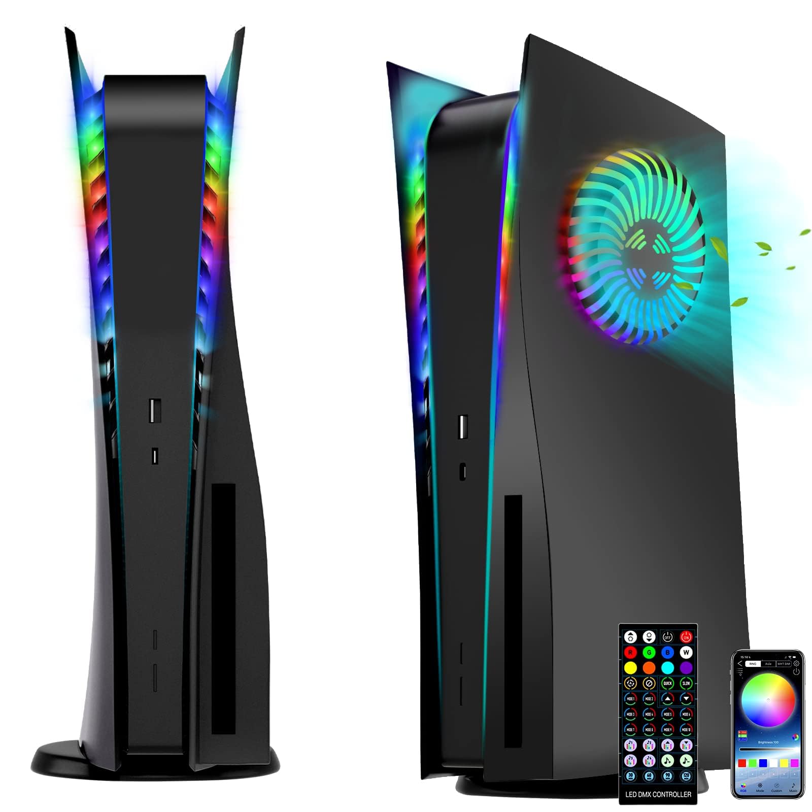 for PS5 Faceplates with Cooling Vents LED Lights, Megadream Cooling Cover Replacement Plates Shell Accessories Anti-Scratch Dustproof with RGB Lights Package for PlayStation 5 Disc Edition (Black)