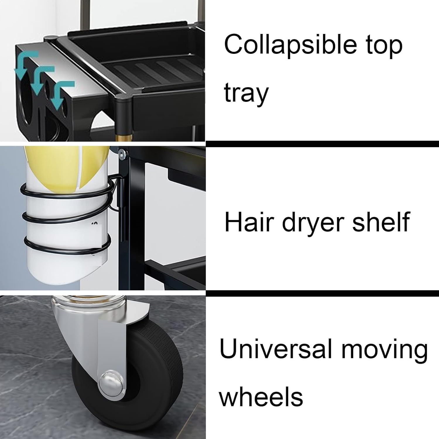 Carrito de almacenamiento rodante de 5 niveles con bandeja plegable y estante para secador de pelo para organización de salón, carrito de almacenamiento de herramientas