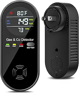 4-in-1 Natural Gas and Carbon Monoxide Detectors Plug in CO Monitor with Temperature and Humidity Display Portable CO Detector for Travel,RV,Home