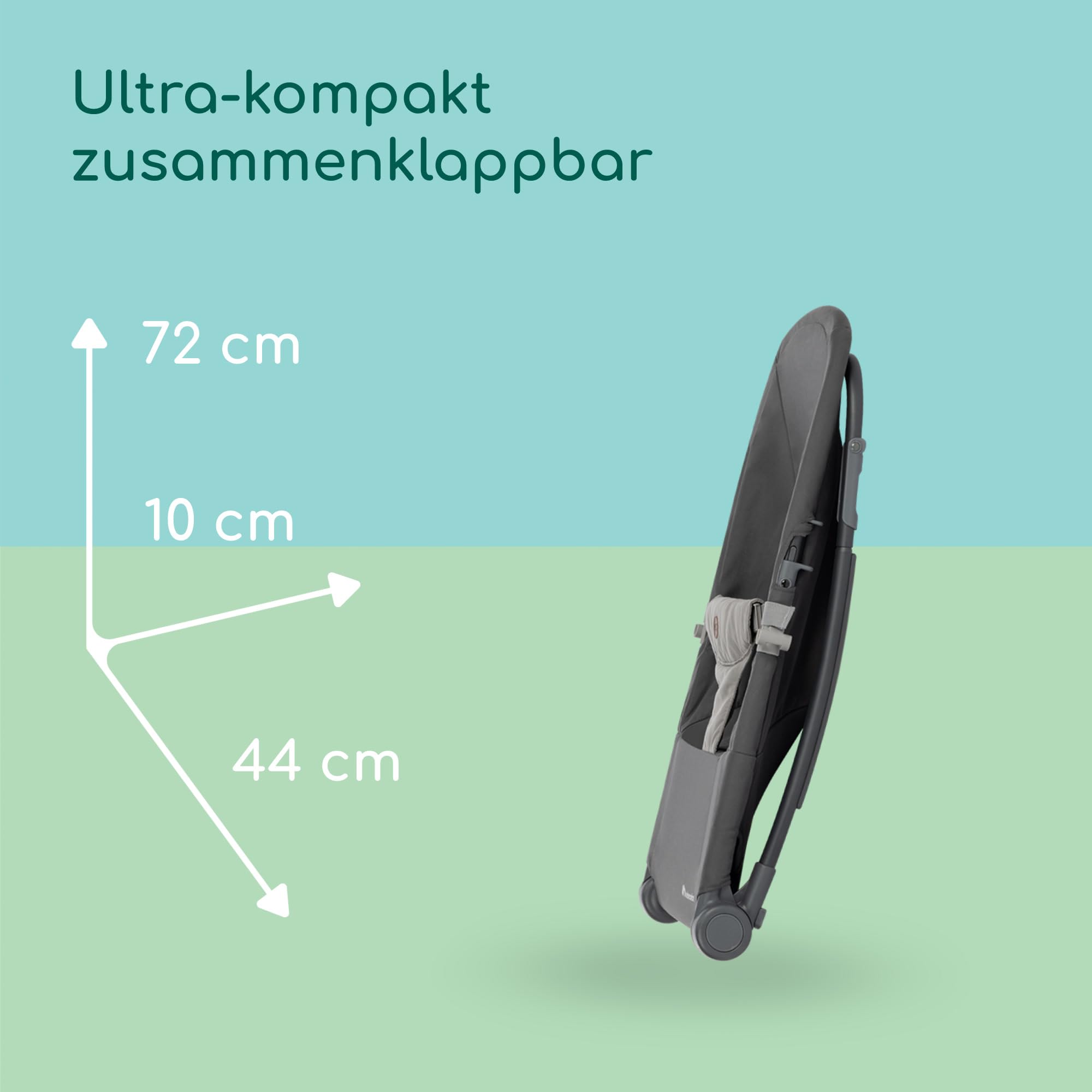 Bebeconfort Aster, Babywippe, 0–2 Jahre, Leichtgewicht (2,7 kg), ultra-kompakt zusammenklappbar, verstellbare Rückenlehne, Polsterkissen, abnehmbarer Spielbogen, 3-Punkt-Gurt, Tinted Graphite