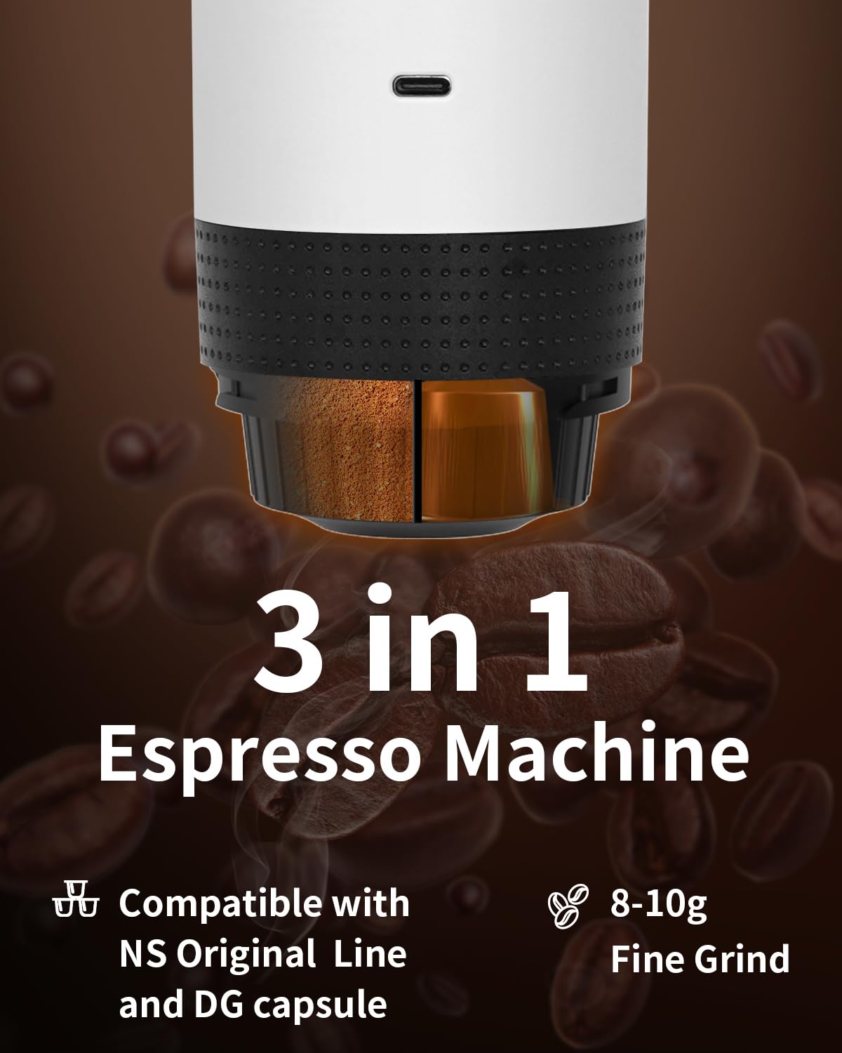 Tragbare elektrische Espressomaschine, Reisekaffeemaschine, kompatibel mit gemahlenem Kaffee und NS-Kapseln (Weiß mit LCD-Display)