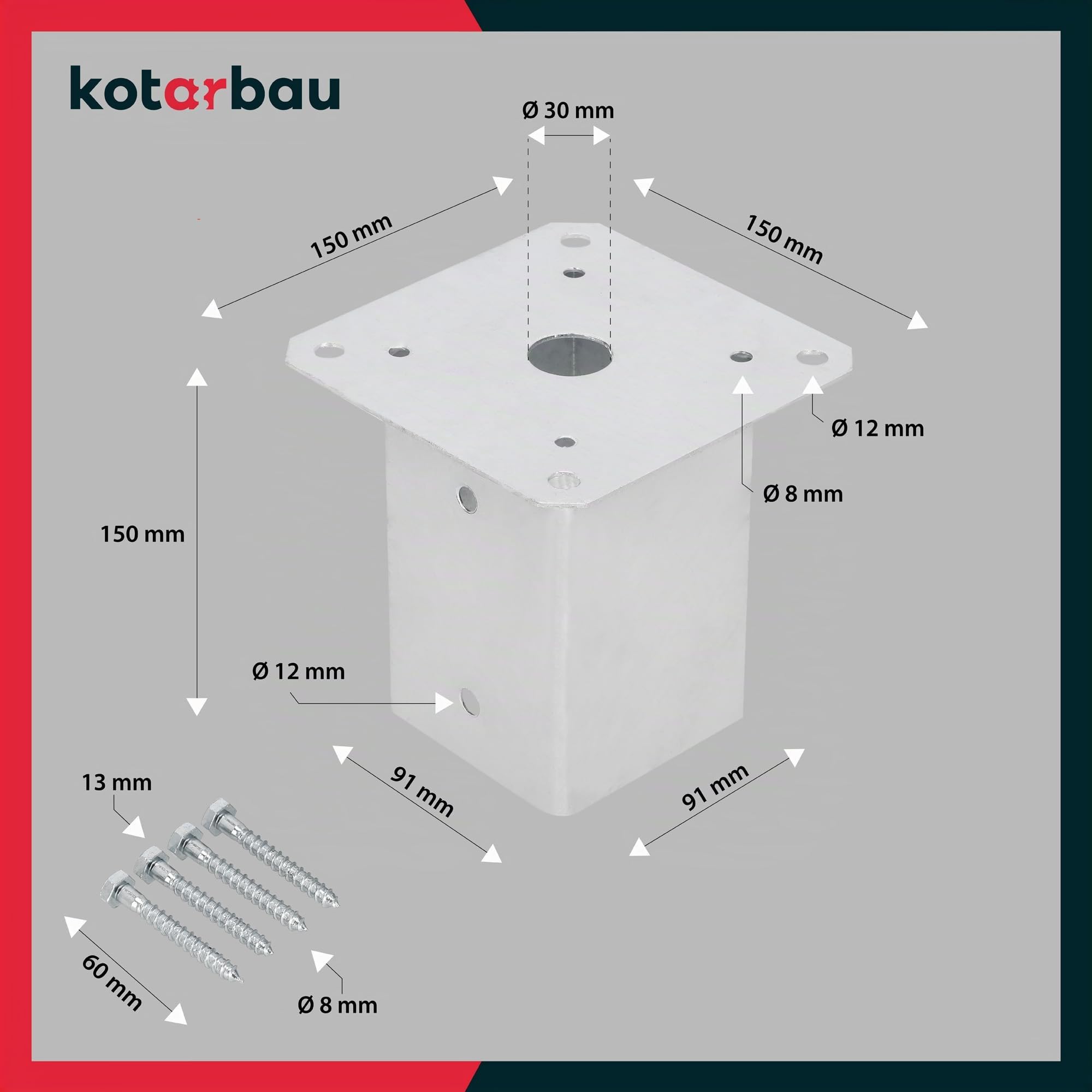 KOTARBAU® Support Poteau Bois - à Visser - Acier Galvanisé - 90 x 90 mm - Argent - Pied de Poteau - Fixation Robuste - Résistant à la Corrosion