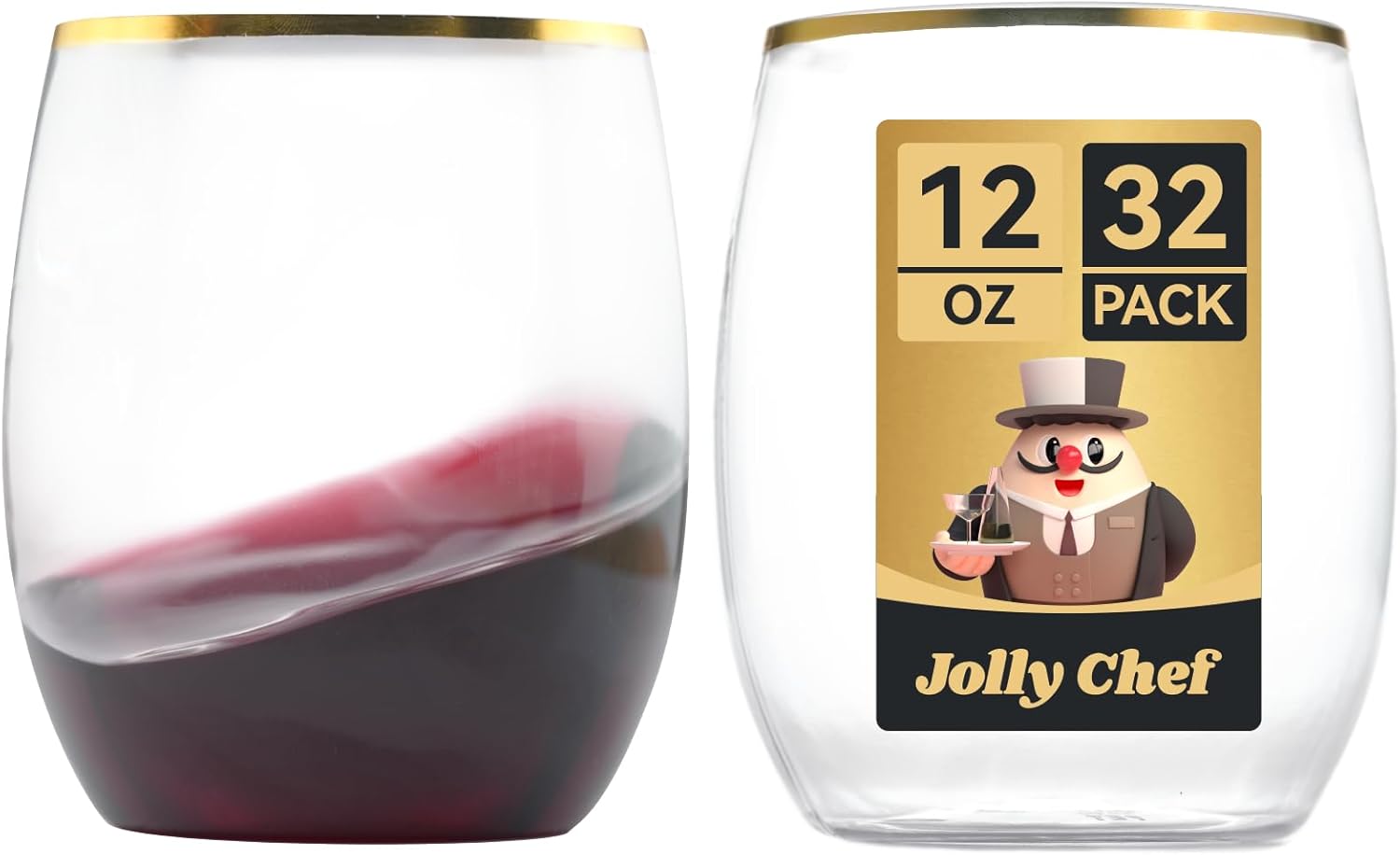 JOLLY CHEF 32 Pack 12oz Gold Plastic Wine Glasses Stemless, Gold Disposable Wine Cups, Premium Quality, Recyclable, Unbreakable, Crystal and BPA-Free for Party 32pack